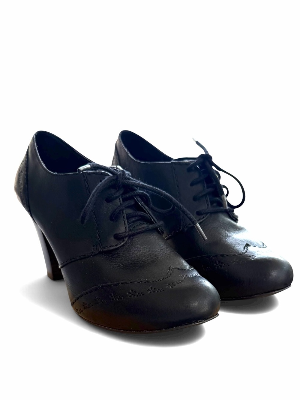 Fossil Tamiko Black Noir Leather Wingtip Oxford Vintage Style Lace Up Heels Sz 7